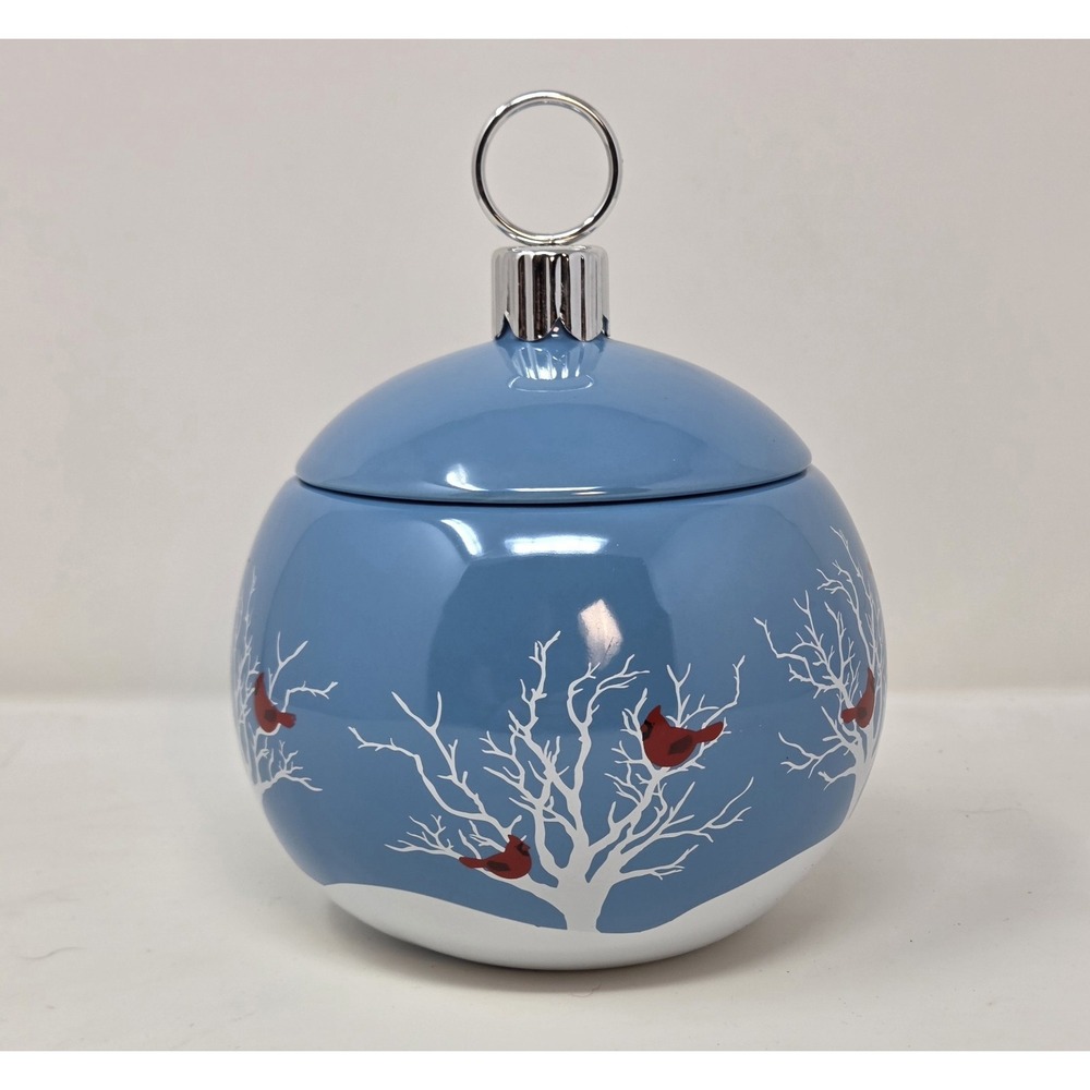 Teleflora Cardinals in Snow Blue Ceramic Ornament Jar Lidded Christmas 8"